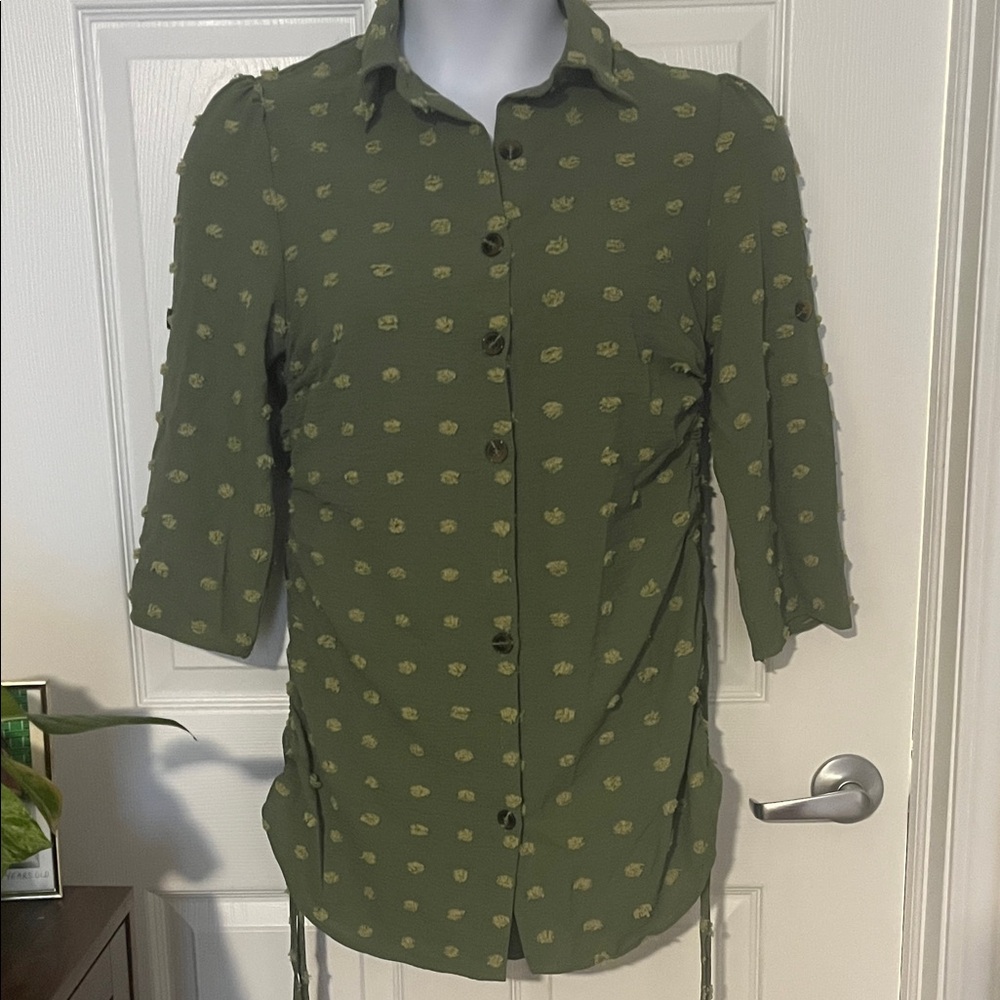 Olive Green Textured Dot Button-Down Women's Top small